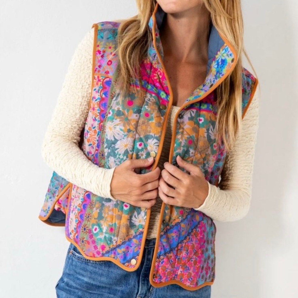 Natural Life Floral Patchwork Quilted Puffer Vest Multicolor Boho L/XL